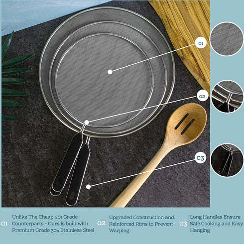 Grease Splatter Screen For Frying Pan Cooking - Stainless Steel Splatter Guard Set of 3-8", 10" and 11" inch - Super Fine Mesh Iron Skillet Lid- Hot Oil Shield to Stop Prime Burn (3, 8",10",11")