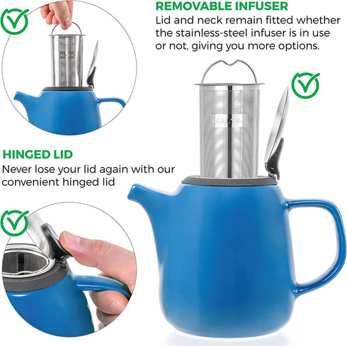 Tealyra - Daze Ceramic Teapot in Blue - 27-ounce (2-3 cups) - Small Stylish Ceramic Teapot with Stainless Steel Lid and Extra-Fine Infuser To Brew Loose Leaf Tea