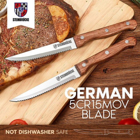 Megaflint Steak Knives Set of 8 - Steak Knives with Polished Rosewood Handle, 5Cr15Mov Stainless Steel Blade HRC 57-58 Hardness Full Tang (Not dishwasher safe)