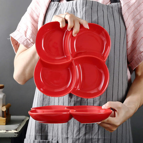 Christmas Dinner Serving Dish 8.5 inch Modern Set Of 2 Decorative Ceramic Appetizer 4 -Compartment Serving Platter Tray - Dessert Serving Plates, Red