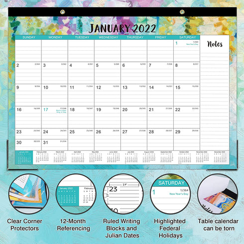 2022 Desk Calendar - 18 Monthly Desk/Wall Calendar 2-in-1,16.8" x 12", Jan. 2022 - Jun. 2023, Thick Paper with Corner Protectors, Large Ruled Blocks - Oil Painting