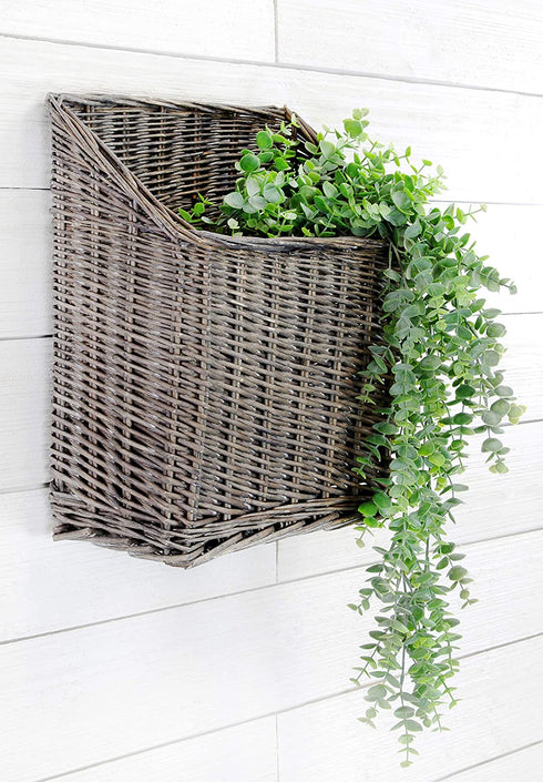 AuldHome Gray Washed Magazine / File Basket, Farmhouse Rustic Woven Willow Storage Basket