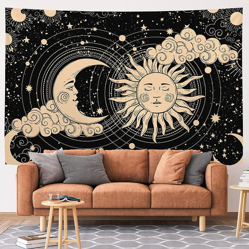 Sun and Moon Tapestry Aesthetic Sun Moon Tapestry Black Dark Spiritual Tapestries Wall Hanging Room Decor for Bedroom, Livingroom(59"x82", Moon and Sun)