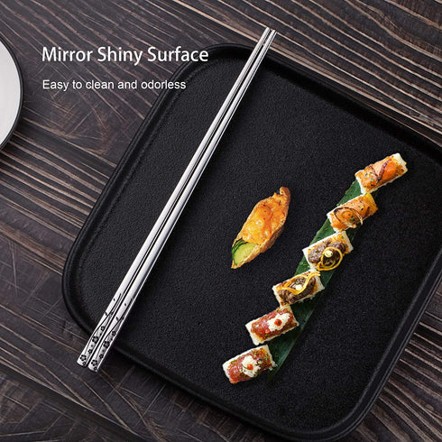 Metal Chopsticks Reusable 18/10 Stainless Steel Chopsticks Multipack Dishwasher Safe Chop Sticks Square Fancy Laser Engraved Non-slip Korean Chopstick for Cooking Eating 9.45 Inches 5 Pairs Gift Set