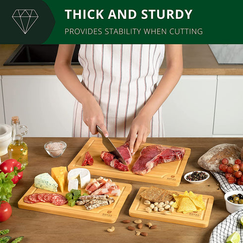 Wood Cutting Board Set - Bamboo Cutting Board with Juice Groove - Kitchen Chopping Board for Meat (Butcher Block) Cheese and Vegetables | Heavy Duty Serving Tray w/Handles (3-Pieces)