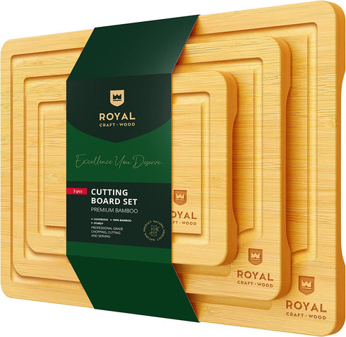 Wood Cutting Board Set - Bamboo Cutting Board with Juice Groove - Kitchen Chopping Board for Meat (Butcher Block) Cheese and Vegetables | Heavy Duty Serving Tray w/Handles (3-Pieces)