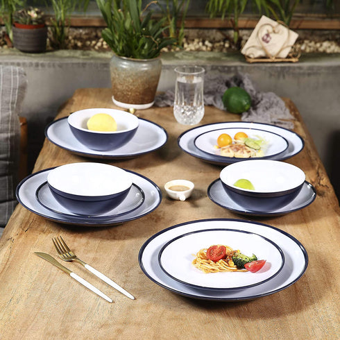 Melamine Dinnerware Set - 12pcs dinnerware set Indoor and Outdoor use, Two-color Design Dishes Dinnerware Set for 4,Dishwasher Safe, Blue