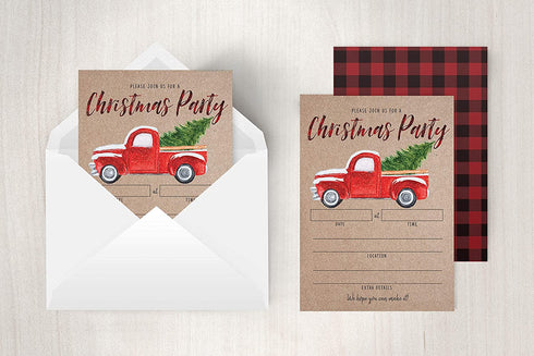 Rustic Christmas Party Invitation with Red Truck and Christmas Tree, Holiday Party Invite, Christmas Party, Holiday Party Invitations, 20 Fill in Invitations and Envelopes