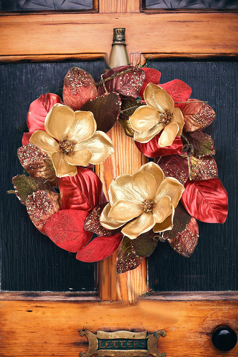 RED DECO Christmas Wreath for Front Door - 20 Inch Red Magnolia with 3 Gold Flowers, Holiday Wreaths for Home Farmhouse Indoor Outdoor Windows Wall Decor(Red)