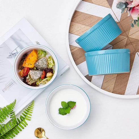 Set of 4 Bake And Serve Ceramic 12 Oz Souffle Dish Oven Safe Oven To Table Ramekins for Desserts Snacks Appetizers Casserole Creme Brulee, Teal