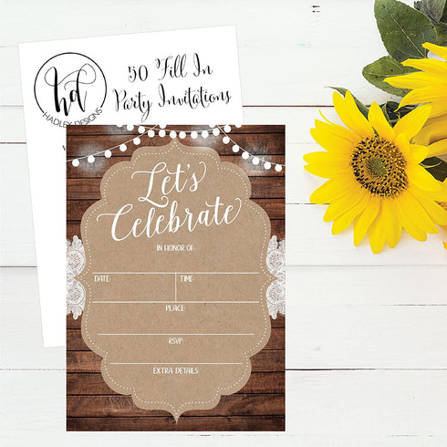 50 Celebration Invitations for Wedding Rehearsal Dinner, Bridal Shower, Engagement, Birthday, Bachelorette Party, Baby Shower, Reception, Anniversary, Housewarming, Graduation, Sweet 16, BBQ Cookout