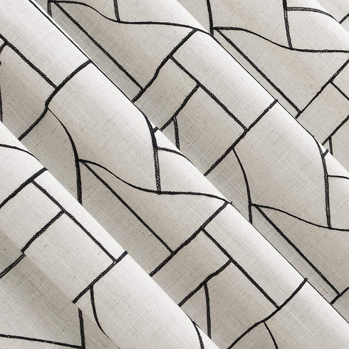 Archaeo Fragmented Geometric Embroidery Mid-Century Modern Natural Linen Blend Curtain, 50" x 84", Black/Linen