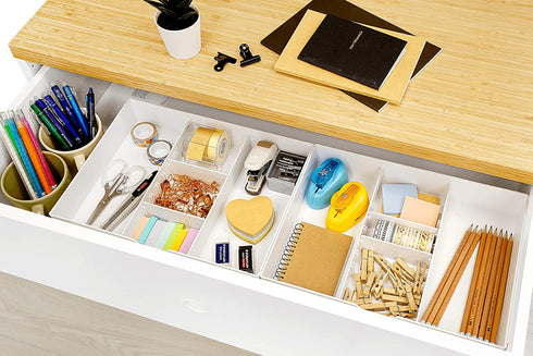 CAXXA 2PK - 3 Slot Drawer Organizer with Two Adjustable Dividers - 5 Compartments Drawer Storage Junk Drawer Organizer for Office Desk Supplies and Accessories, White