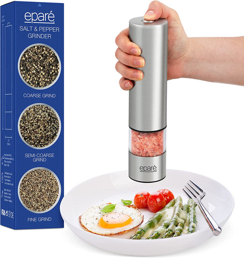 Electric Salt or Pepper Grinder - Battery Operated Ceramic Burr Peppermill Shaker - Automatic Stainless Steel Grinders - Mill With LED Light by Epar©
