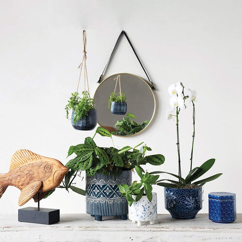 Creative Co-Op Debossed Decorative Stoneware Lid & Pattern, Distressed Crackle Glaze, Blue Jar