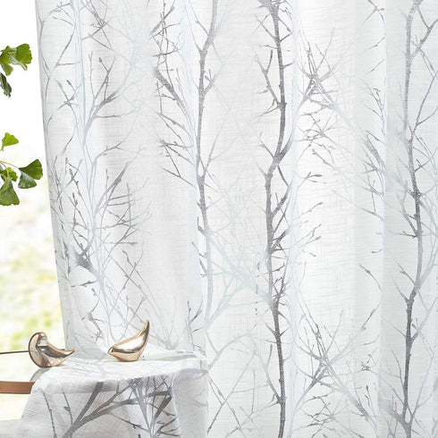 FMFUNCTEX Silver White Semi Sheer Curtains 45inch Tree Branch Short Window Curtain Drapes for Laundry Small Windows Metallic Print Modern Curtains for Chrismas D©cor Grommet Top 2pcs