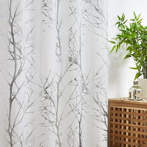FMFUNCTEX Silver White Semi Sheer Curtains 45inch Tree Branch Short Window Curtain Drapes for Laundry Small Windows Metallic Print Modern Curtains for Chrismas D©cor Grommet Top 2pcs