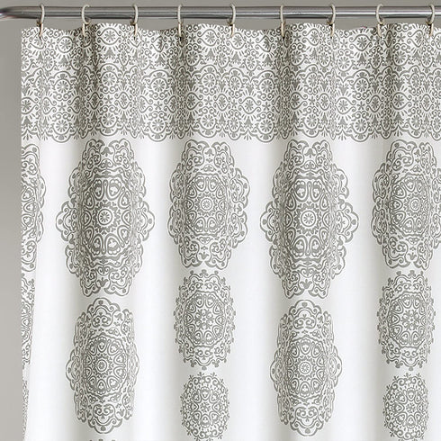 Lush Decor, Gray Stripe Medallion Shower Curtain-Fabric Mandala Bohemian Damask Print Design, x 72?, Blue, 72" x 72"