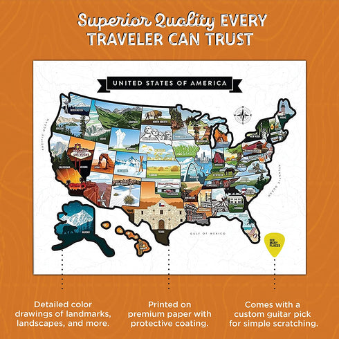 See Many Places Scratch Off Map of the United States - 28x22in Frameable Poster-Travel Map with Custom State Pictures & Gold Foiling, White