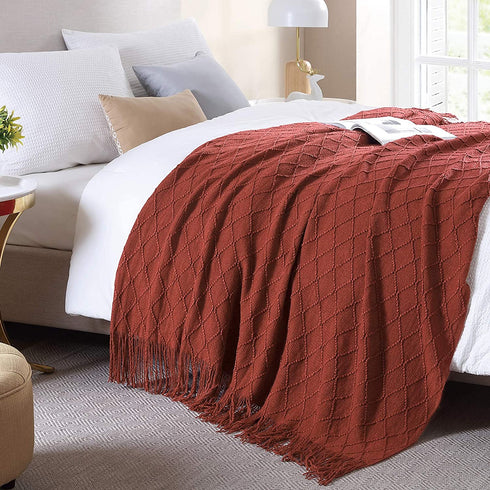 Walensee Throw Blanket for Couch, 50 x 60 Rust, Acrylic Knit Woven Summer Blanket, Lightweight Decorative Soft Nap Throw with Tassel for Chair Bed Sofa Travel Picnic, Suitable for All Seasons