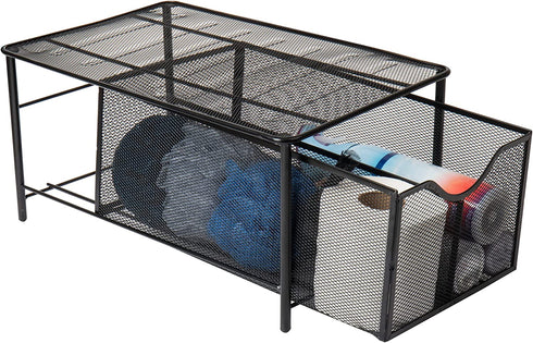 Mind Reader 'CABASKDR' Black Metal Mesh Storage Basket with Sliding Drawer and Steel Mesh Platform On Top