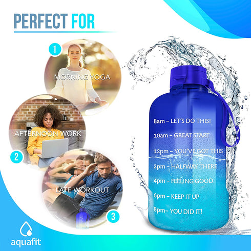 AQUAFIT Half Gallon Water Bottle with Straw Half Gallon Water Jug Motivational Water Bottle 64 Ounce Large Water Bottle Big Water Bottle 1/2 Gallon Water Jug Big Water Jug Dark Blue -Light Blue Fade