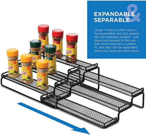 3 Tier Expandable Spice Rack Organizer for Cabinet, Black Modern Pantry Kitchen Countertop Stand 3 Step Shelf - Expands 12 to 24 Inches