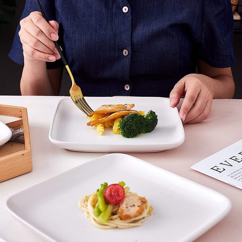 Bruntmor 8-Inch Set of 4, Heavy Duty Ceramic Dinner Plates, Elegant Matte Square Serving Plates for Dessert, Classic Serving Plate for Steak, Pasta and Salad, Dinner Plates, White