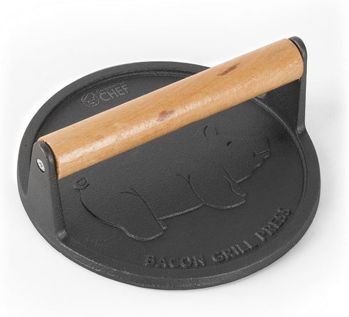 Commercial Chef Pre-Seasoned Cast Iron Press with Easy Grip Wooden Handle, 7-Inch Surface with Grill Marks, Chef Press Round Grilling Accessory