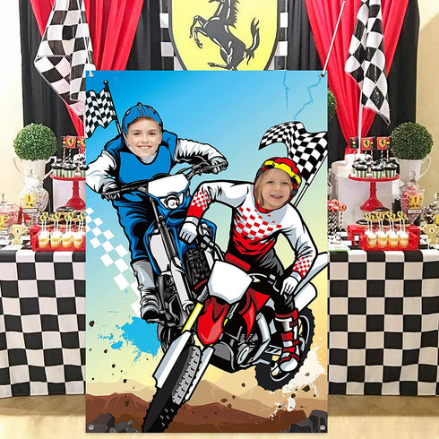PANTIDE Motocross Photo Door Banner Backdrop Props, Large Satin Photo Background Face Photography Banner Decor Dirt Bike Theme Party Favor Supply Decorations Funny Party Games for Kids, 59 x 39 Inch