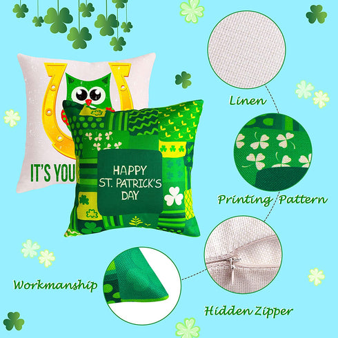 St. Patrick's Day Pillow Covers Decorations - Saint Patricks St Patty's Day Shamrock Linen Cushion Cover Irish Throw Pillowcase Gnome Decor for Sofa Couch (18"x18")
