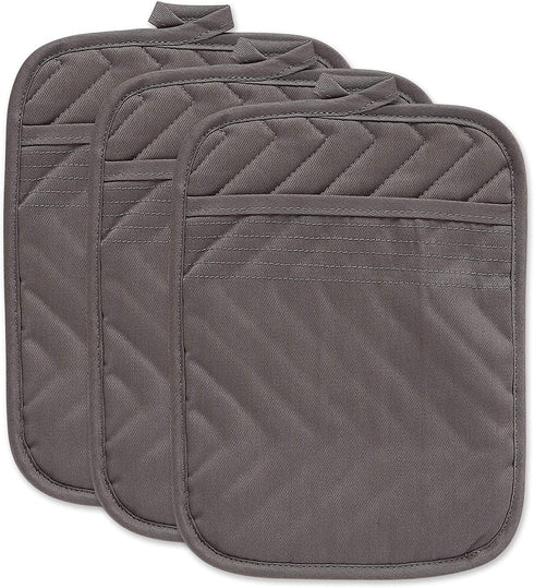 DII Heat Resistant Quilted Cotton, Pocket Potholder, 7x9, Gray, 3 Piece