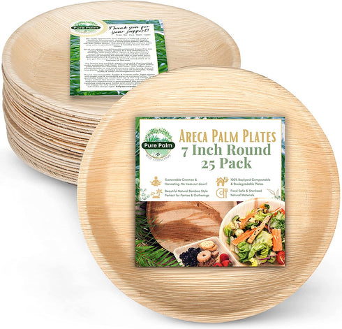 7 in Party Plates Palm Leaf Plates Biodegradable Plates 25 pc Nice Compostable Bamboo Wood Look Small Round Disposable Plates, Eco Friendly Paper Dinner Plates Party Wooden Style Plates by Pure Palm