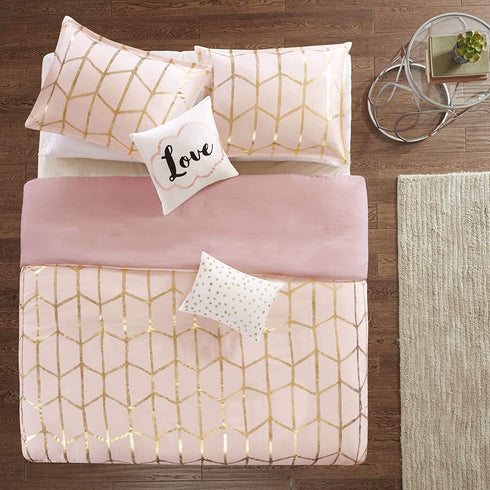 Intelligent Design Raina 5 Piece Metallic Printed Duvet Cover Set, Full/Queen, Blush/Gold
