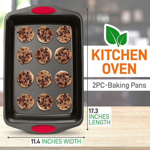 NutriChef 2-Piece Baking Pan Set - PFOA, PFOS, PTFE Free Flexible Nonstick Black Coating Carbon Steel Bakeware - Professional Home Kitchen Bake Cookie Sheet Stackable Tray w/ Red Silicone Handles
