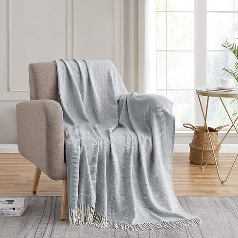 Bourina Decorative Diamond Lattice Faux Cashmere Fringe Throw Blanket Lightweight Soft Cozy for Bed or Sofa Farmhouse Outdoor Throw Blankets, 50" x 60",Light Blue