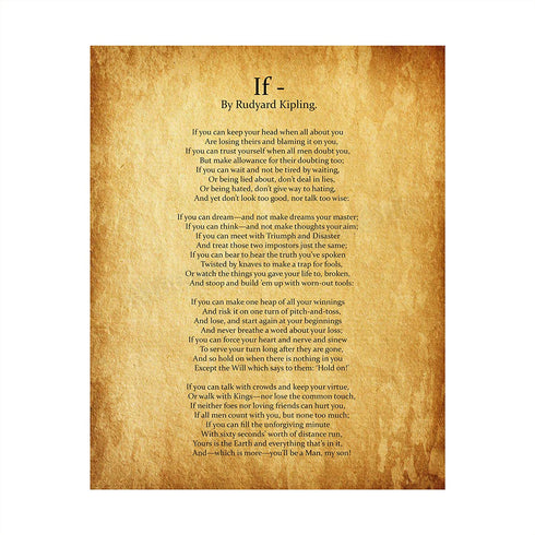 "IF You Can Keep Your Head"- Rudyard Kipling Poem Page Print-8 x 10" Poetic Wall Art. Distressed Parchment Print-Ready To Frame. Retro Home-Office-School-Library Decor. Great Art Gift for Poetry Fans.