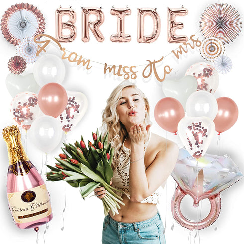 VIDAL CRAFTS Rose Gold Bridal Shower Decorations, Bachelorette Party Decor, Balloon Garland, Paper Fans, BRIDE Foil Balloon, Miss to Mrs, But First Mimosas Banners, Ring, Champagne Foil Balloons