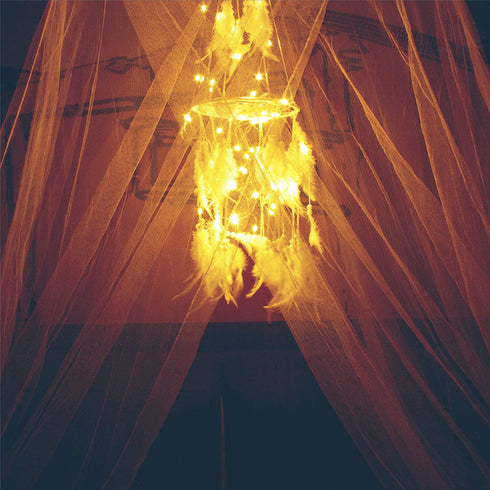 Bed Canopy with Double Circle White Feather Dream Catcher and 50 LED Fairy String Lights, Mosquito Net - Unique Style Dome Bed Netting Canopy Curtains Canopy - Suggested for Twin Full Queen King Bed