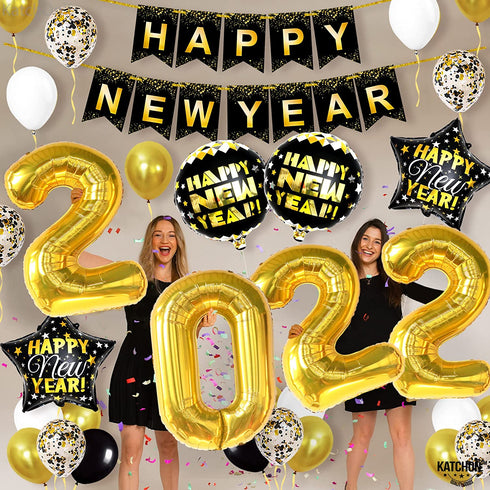 Huge Happy New Year Decorations 2022 Set - 43 Pieces | 40 Inch Gold 2022 Balloons Numbers | Large 10 Feet Happy New Year Banner | New Years Eve Party Supplies For New Years Backdrop | Nye Decorations