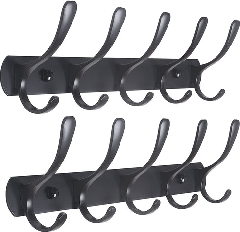 SKOLOO Modern Coat Rack Wall Mount with 5 Hooks, Pack of 2, Metal Wall Coat Rack for Hanging Coat Jacket Backpack Hat, Black Wall Coat Hook, Perfect Touch for Your Entryway, Kitchen, Bedroom