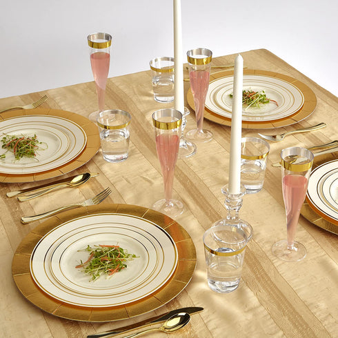 Silver Spoons Modern Elegant Disposable DINNERWARE Set | Heavy Duty Plastic Dishes | Chargers | Dinner Salad Plates | for Upscale Wedding and Dining | Golden Glare Collection, 20 Servings, Ivory/Gold