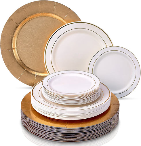 Silver Spoons Modern Elegant Disposable DINNERWARE Set | Heavy Duty Plastic Dishes | Chargers | Dinner Salad Plates | for Upscale Wedding and Dining | Golden Glare Collection, 20 Servings, Ivory/Gold