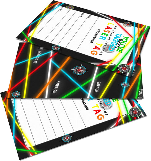 Laser Tag Invitations with Envelopes (25 Pack) Invites for Boys Birthday, Retirement, Guys Night Out, Team Building Event - Neon Theme Party Supplies Blank Invitation Card Set Printed