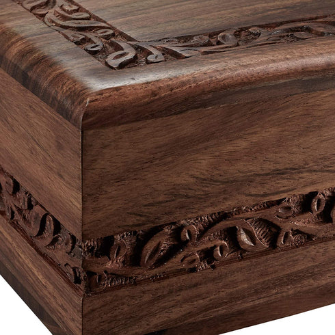 Reminded Rosewood Hand-Carved Urn Box Cremation Memorial with Velvet Bag - Medium
