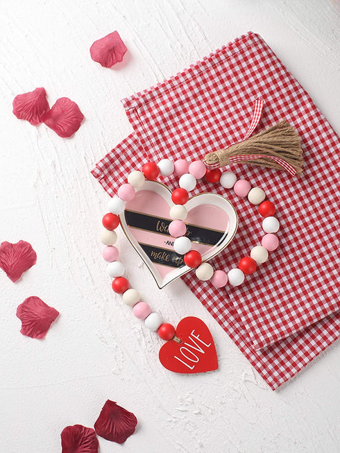 Valentine™s Day Wood Bead Garland with Tassels and Love Heart Shaped Wooden Embellishments Rustic Farmhouse Tiered Tray Wedding Decorations Home Decor (Red & White Love)