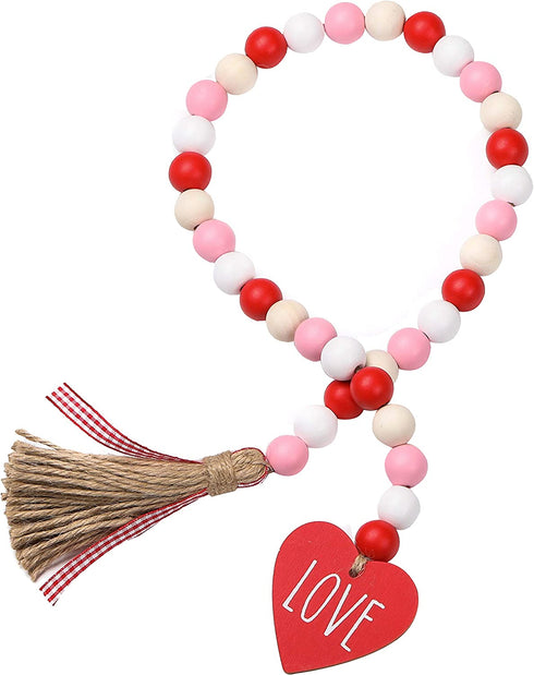 Valentine™s Day Wood Bead Garland with Tassels and Love Heart Shaped Wooden Embellishments Rustic Farmhouse Tiered Tray Wedding Decorations Home Decor (Red & White Love)