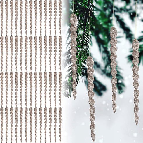 60 Pieces Twisted Icicle Ornament Christmas Tree Glitter Spiral Strip Hangings for Holiday Party Wedding Accessories, 5.1 Inch (Champagne)