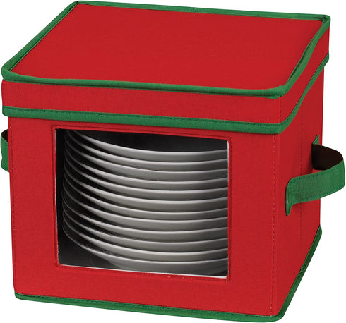Household Essentials 534RED Holiday China Dinnerware Storage for Salad Plates or Bowls | Removable Lid | Red Canvas with Green Trim