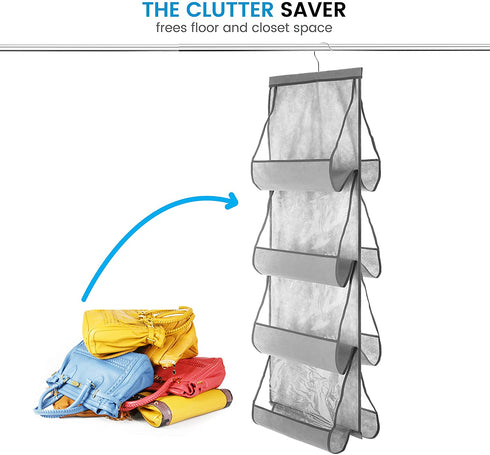 Zober Hanging Purse Organizer For Closet Clear Handbag Organizer For Purses, Handbags Etc. 8 Easy Access Clear Vinyl Pockets With 360 Degree Swivel Hook, Gray, 48? L x 13.8? W